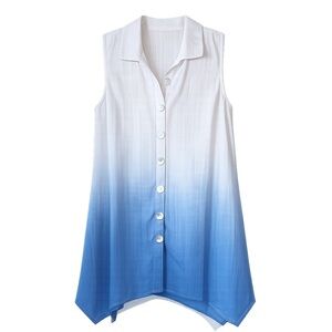 COMO BLACK | Gauze Cotton Blue and White Face Sleeveless Button Down